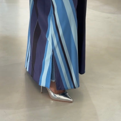 BC155; Shades of blue and black striped abaya