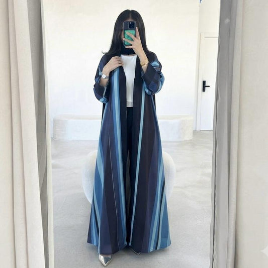 BC155; Shades of blue and black striped abaya