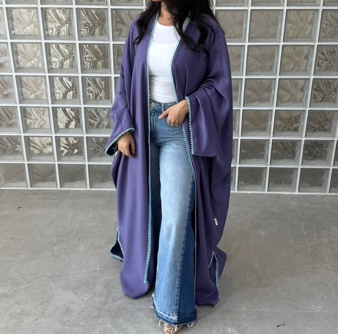 Purple half bisht wide sleeves with mint zeej